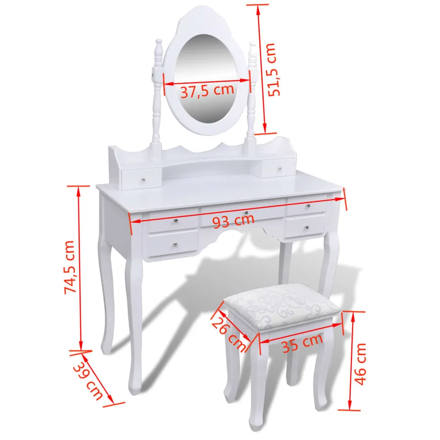 Coiffeuse avec miroir et tabouret 7 tiroirs Blanc - 10