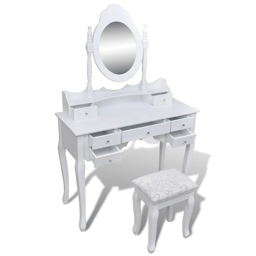 Coiffeuse avec miroir et tabouret 7 tiroirs Blanc - 3