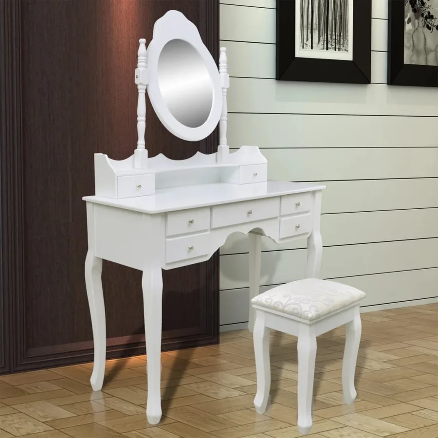Coiffeuse avec miroir et tabouret 7 tiroirs Blanc - 9