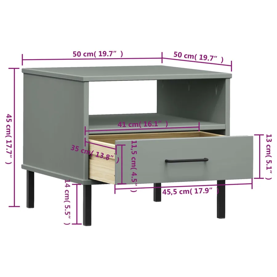 Table de chevet avec pieds en métal Gris Bois pin massif OSLO - 8
