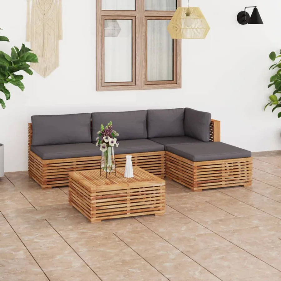 Salon de jardin 5 pcs avec coussin gris foncé bois de teck
