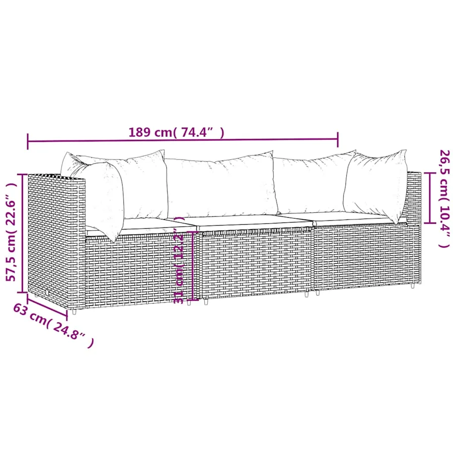Salon de jardin 3 pcs avec coussins Noir Résine tressée - 9