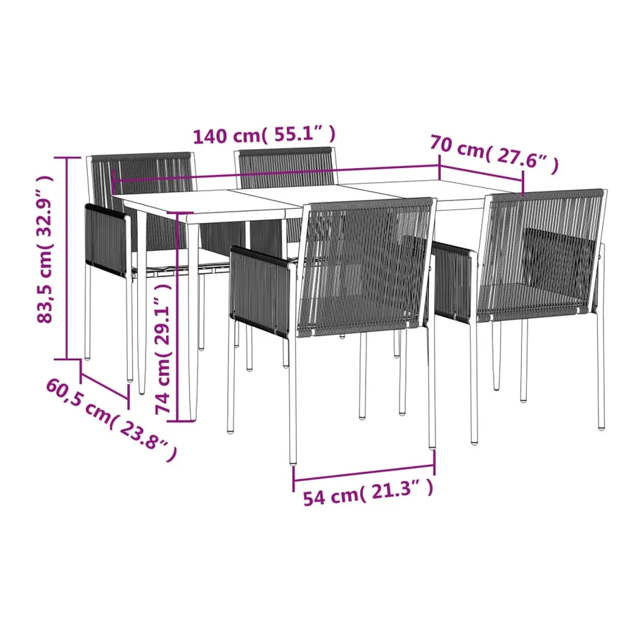 Ensemble à manger de jardin coussins 5pcs noir rotin et acier - 10