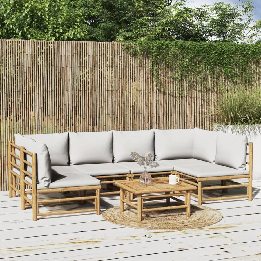 Salon de jardin 7 pcs avec coussins gris clair bambou