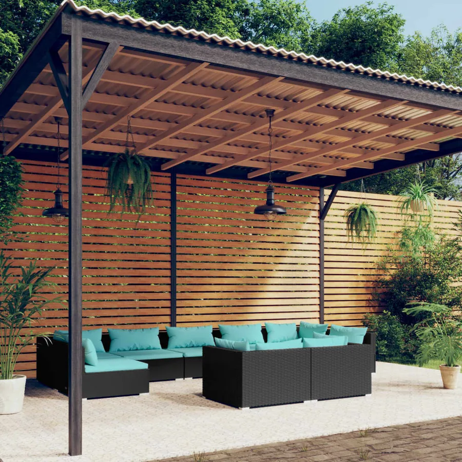 Salon de jardin 9 pcs avec coussins Noir Résine tressée