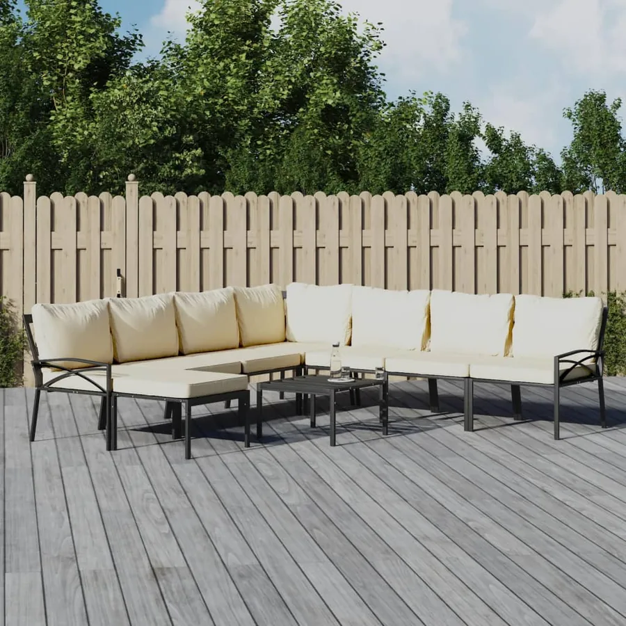 Salon de jardin 9 pcs avec coussins sable acier