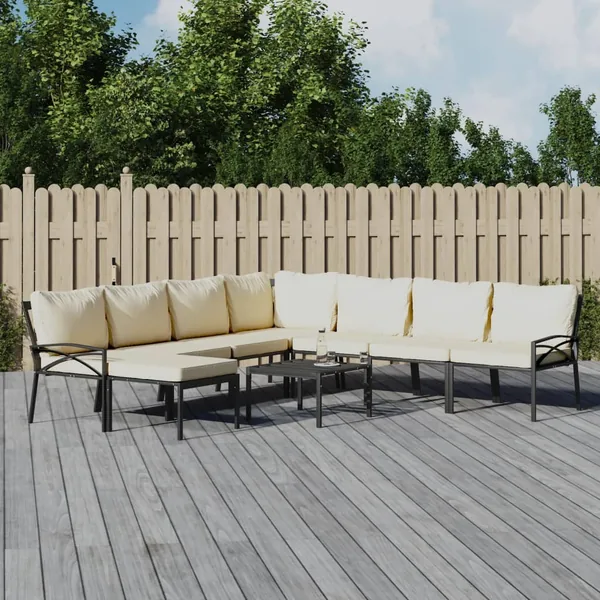 Salon de jardin 9 pcs avec coussins sable acier