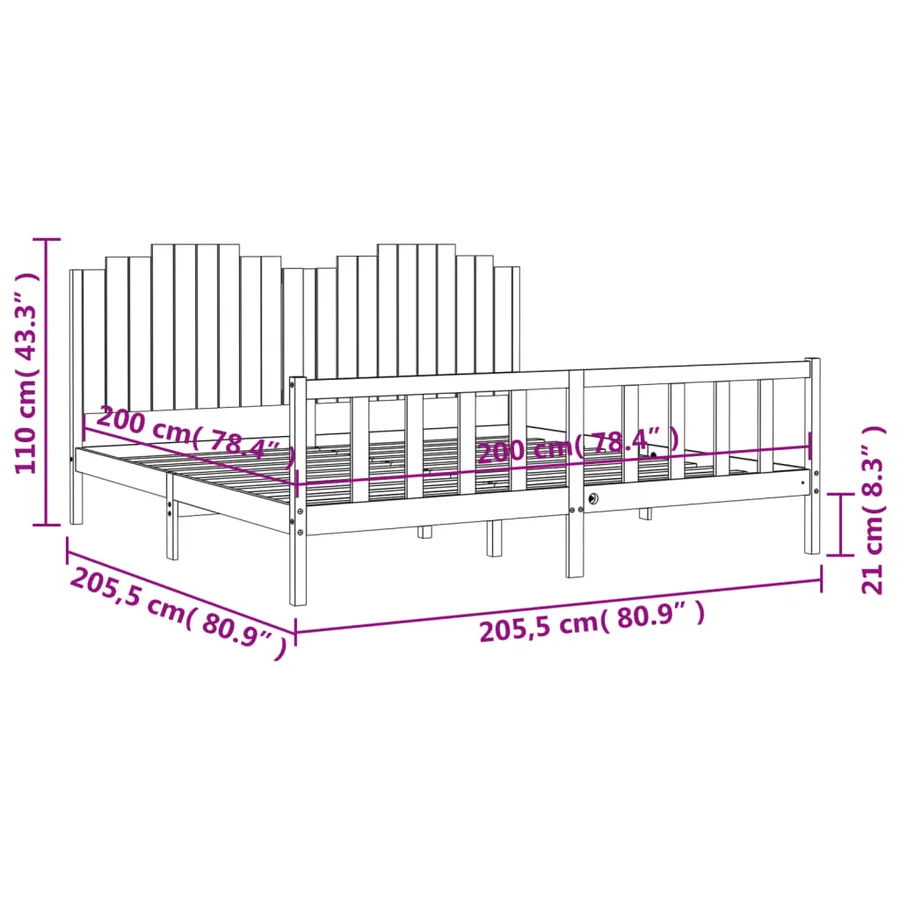 Cadre de lit sans matelas noir 200x200 cm bois massif de pin - 12