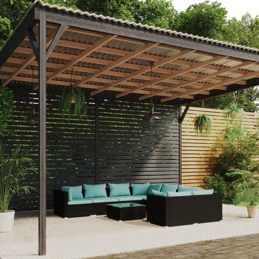 Salon de jardin 9 pcs avec coussins Résine tressée Noir