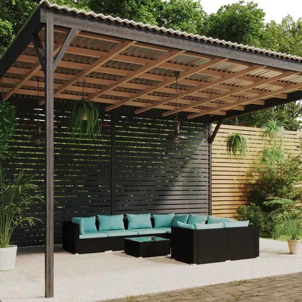 Salon de jardin 9 pcs avec coussins Résine tressée Noir
