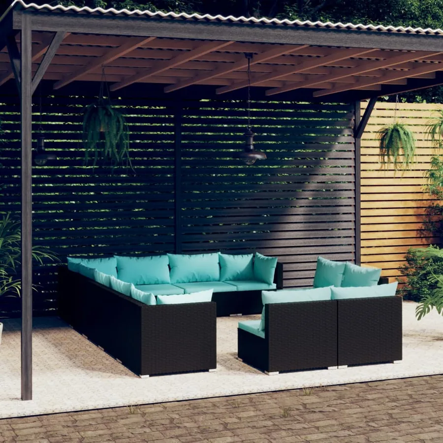 Salon de jardin 12 pcs avec coussins Noir Résine tressée