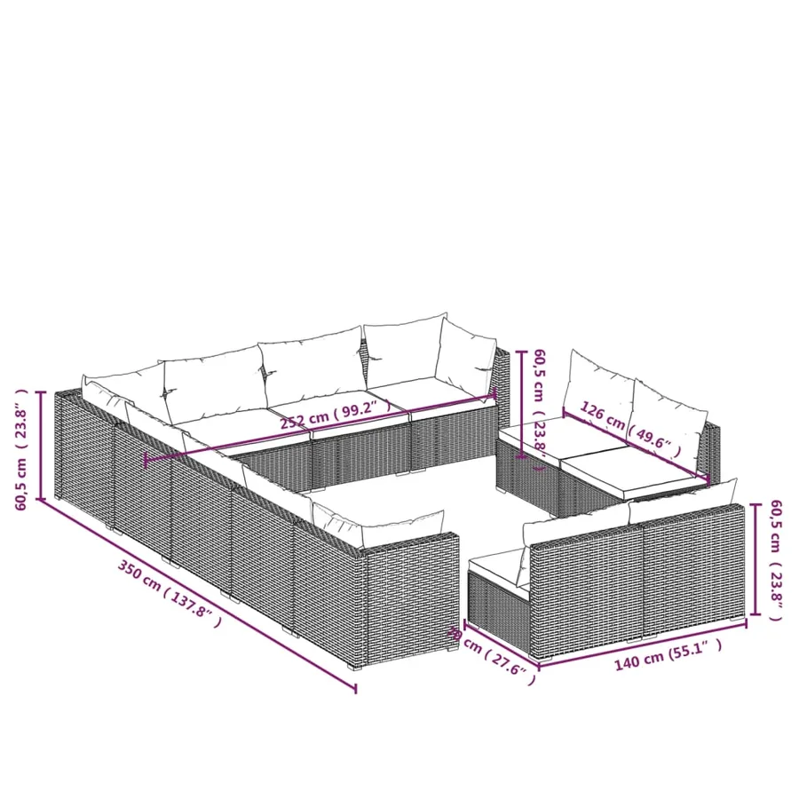 Salon de jardin 12 pcs avec coussins Noir Résine tressée - 7