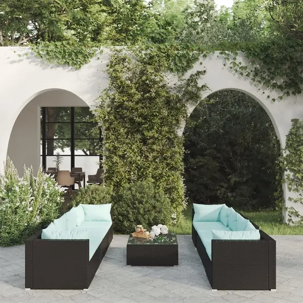 Salon de jardin 9 pcs avec coussins Résine tressée Noir