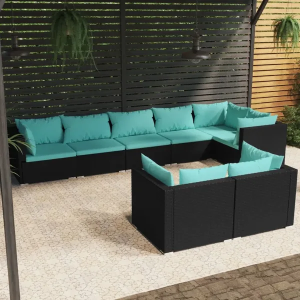 Salon de jardin 8 pcs avec coussins noir résine tressée