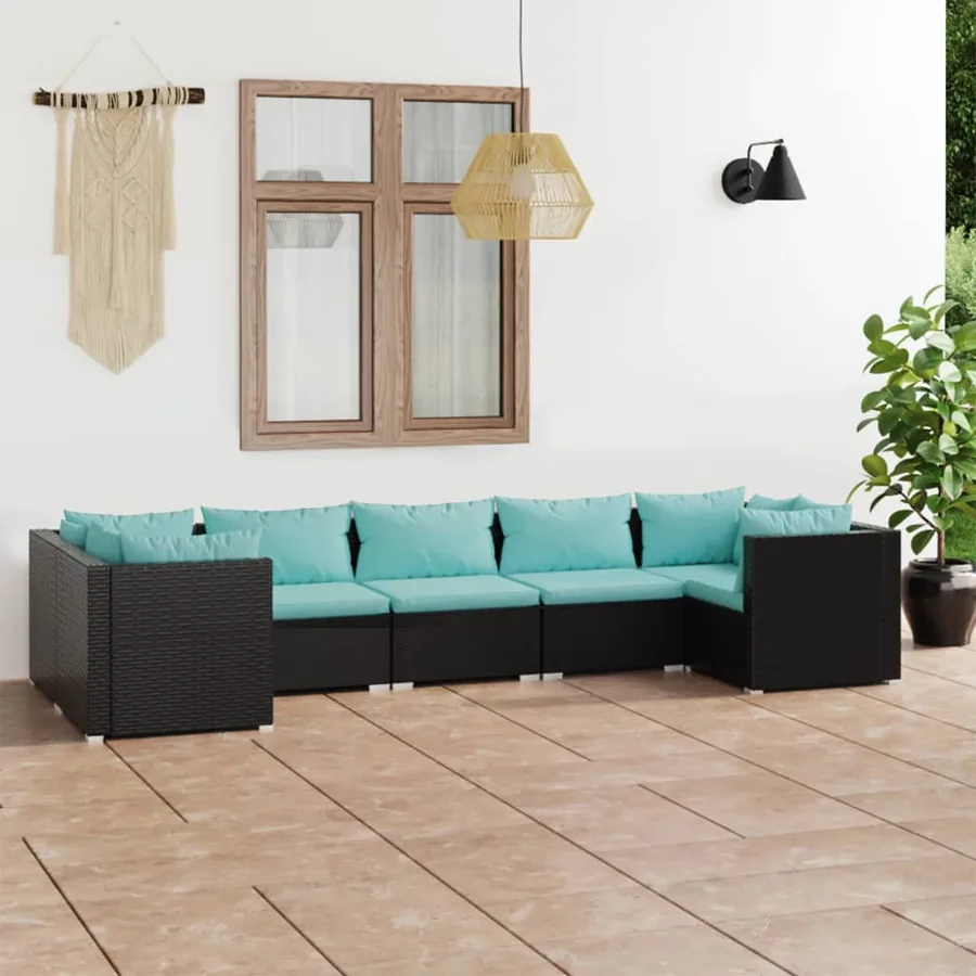Salon de jardin 7 pcs avec coussins Résine tressée Noir