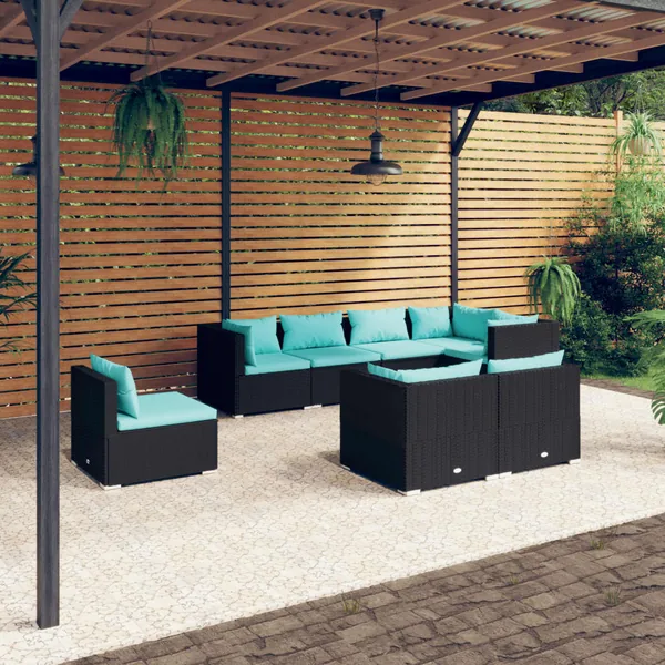 Salon de jardin 8 pcs avec coussins Résine tressée Noir