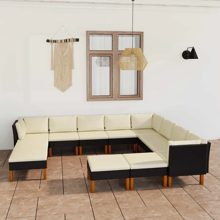 Salon de jardin 12 pcs avec coussins Résine tressée Noir