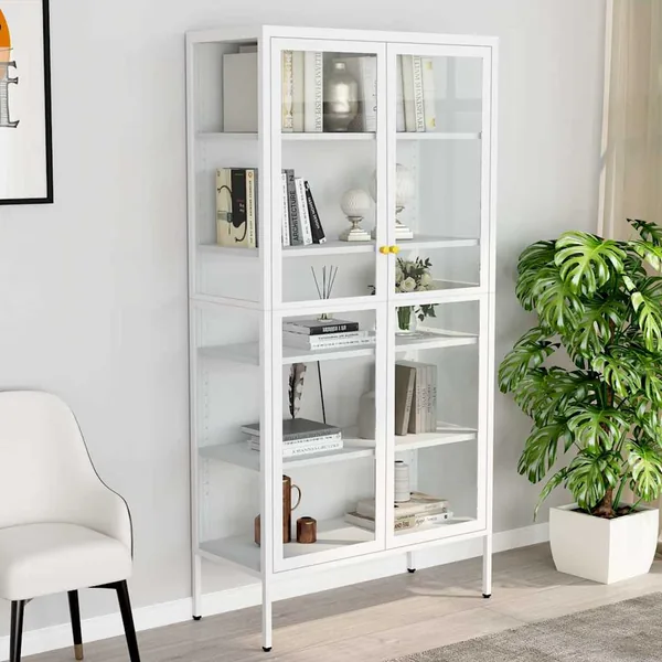 Vitrine d'exposition Blanc 90x40x180 cm Acier et verre trempé