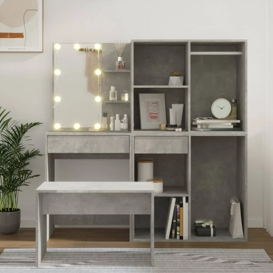 Ensemble de coiffeuse avec LED Gris béton Bois d'ingénierie