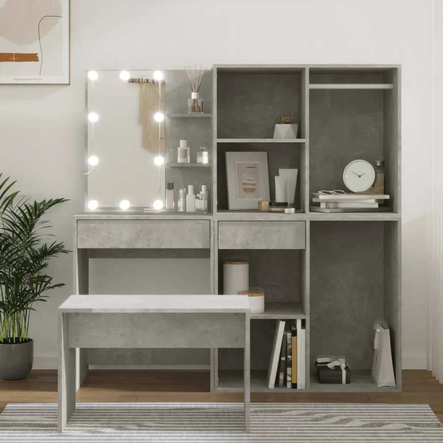 Ensemble de coiffeuse avec LED Gris béton Bois d'ingénierie - 3