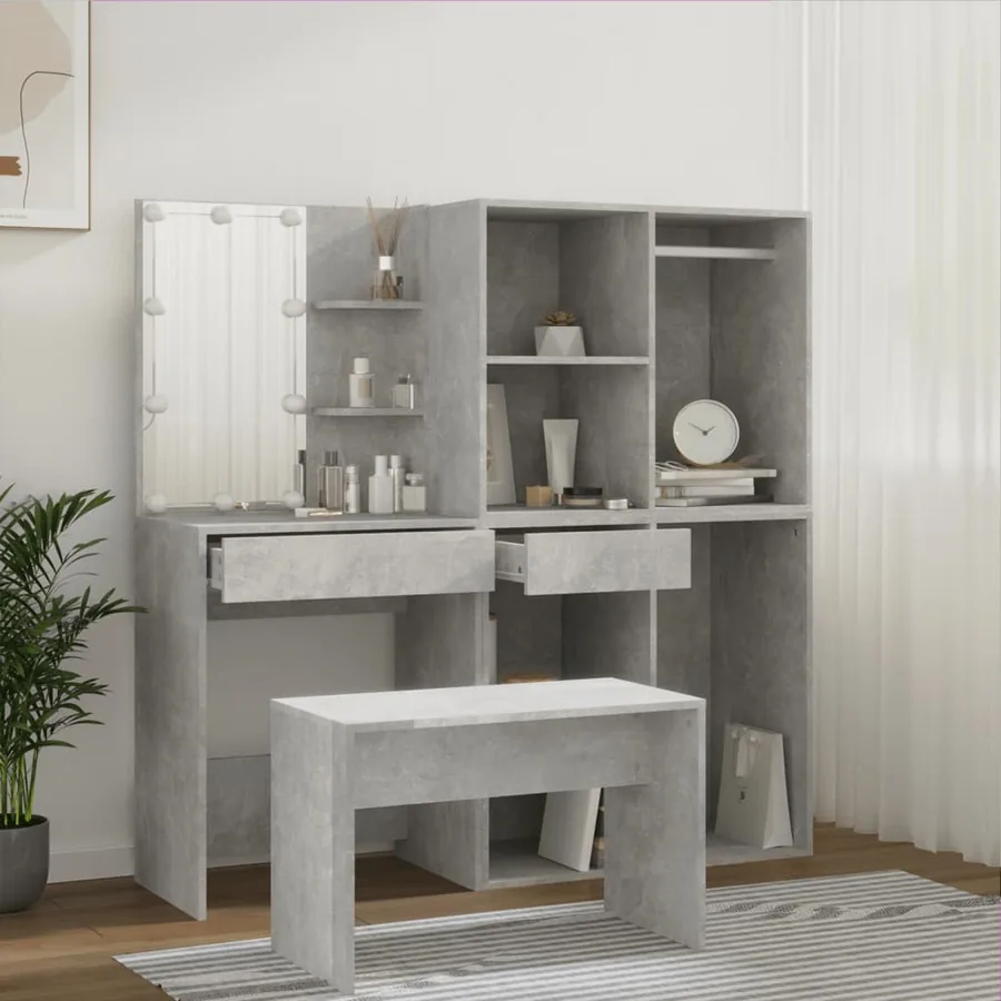 Ensemble de coiffeuse avec LED Gris béton Bois d'ingénierie - 4