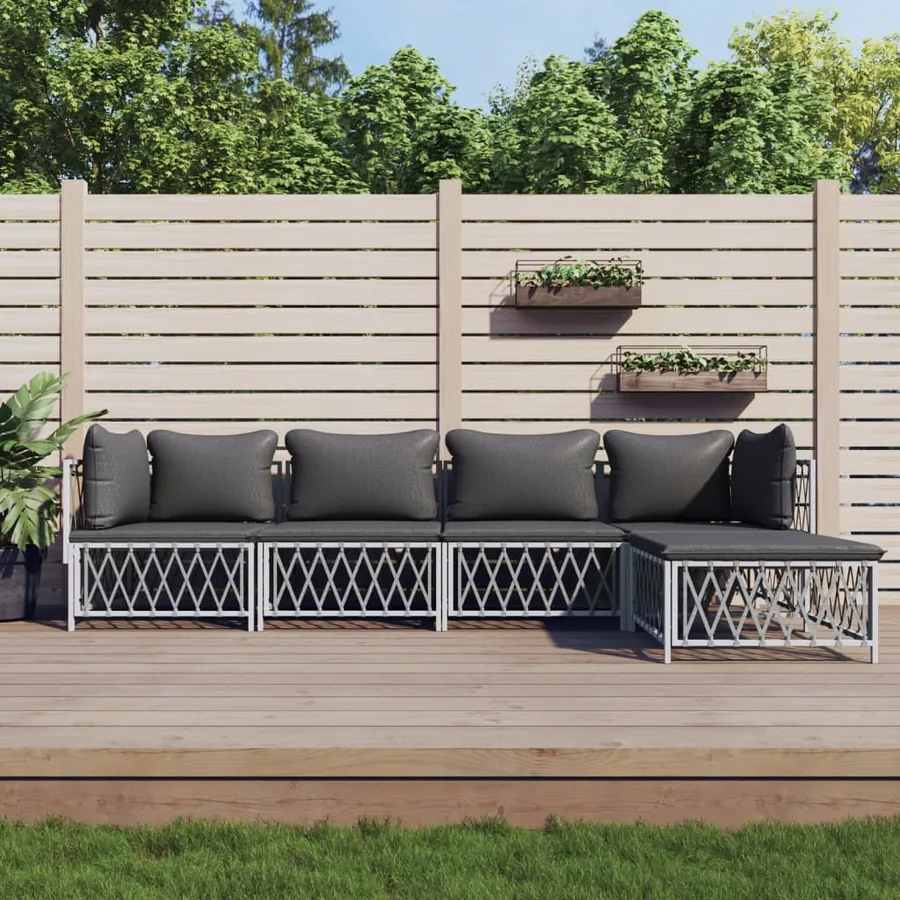 Salon de jardin avec coussins 5 pcs blanc acier