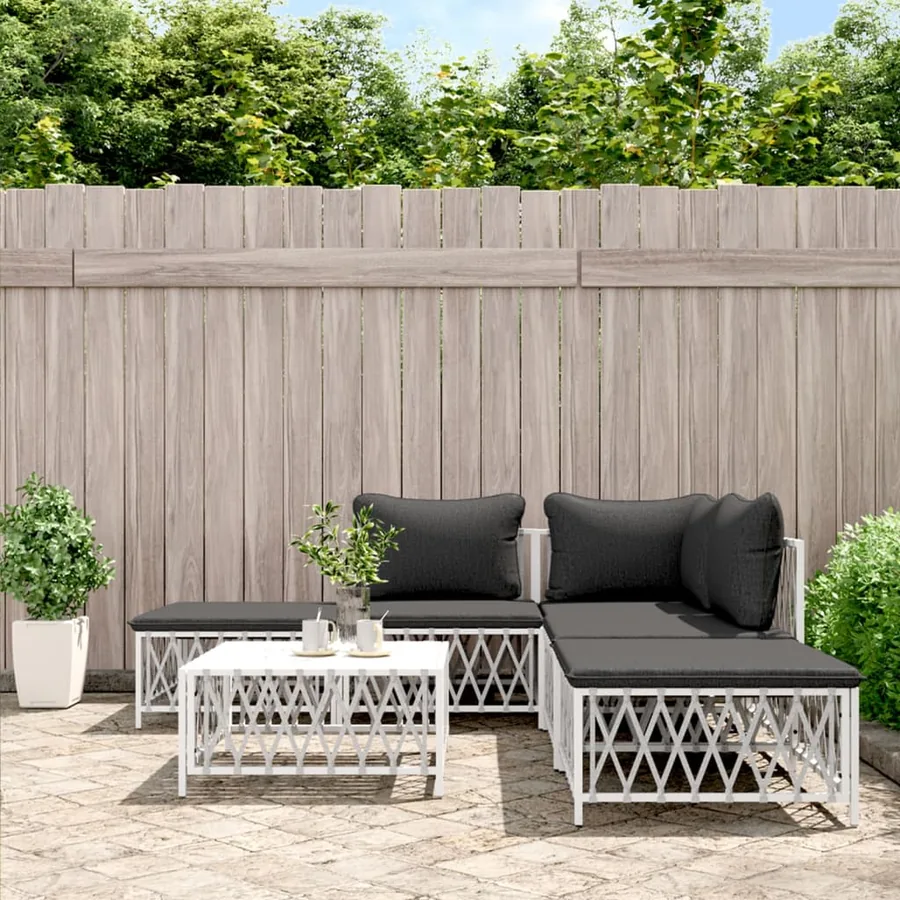 Salon de jardin avec coussins 6 pcs blanc acier