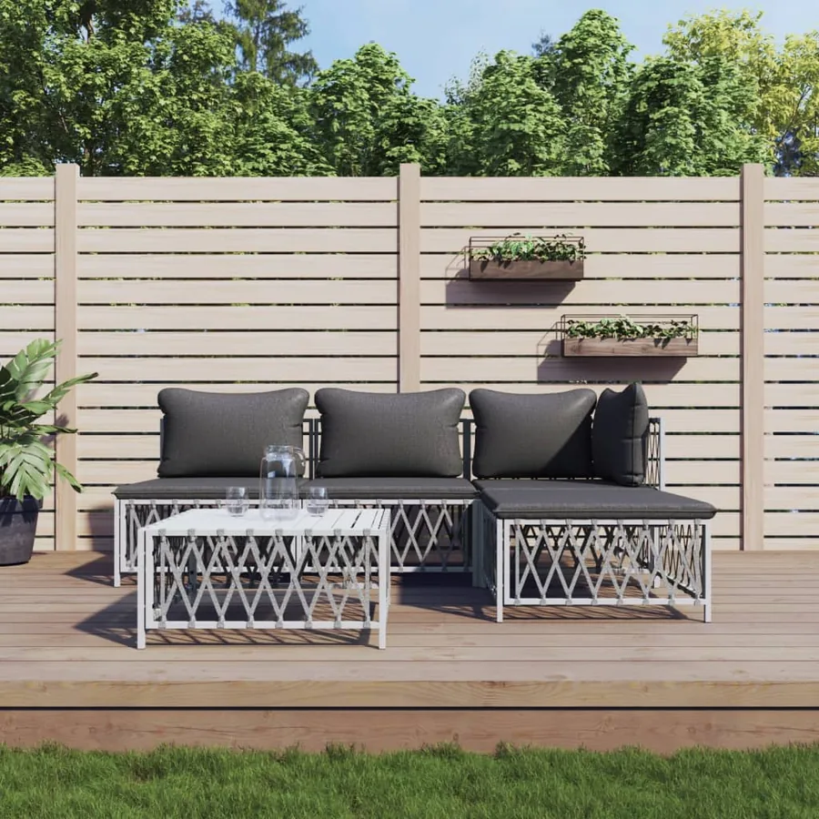 Salon de jardin avec coussins 5 pcs blanc acier
