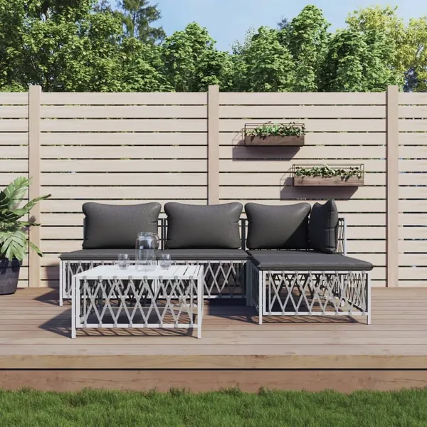 Salon de jardin avec coussins 5 pcs blanc acier