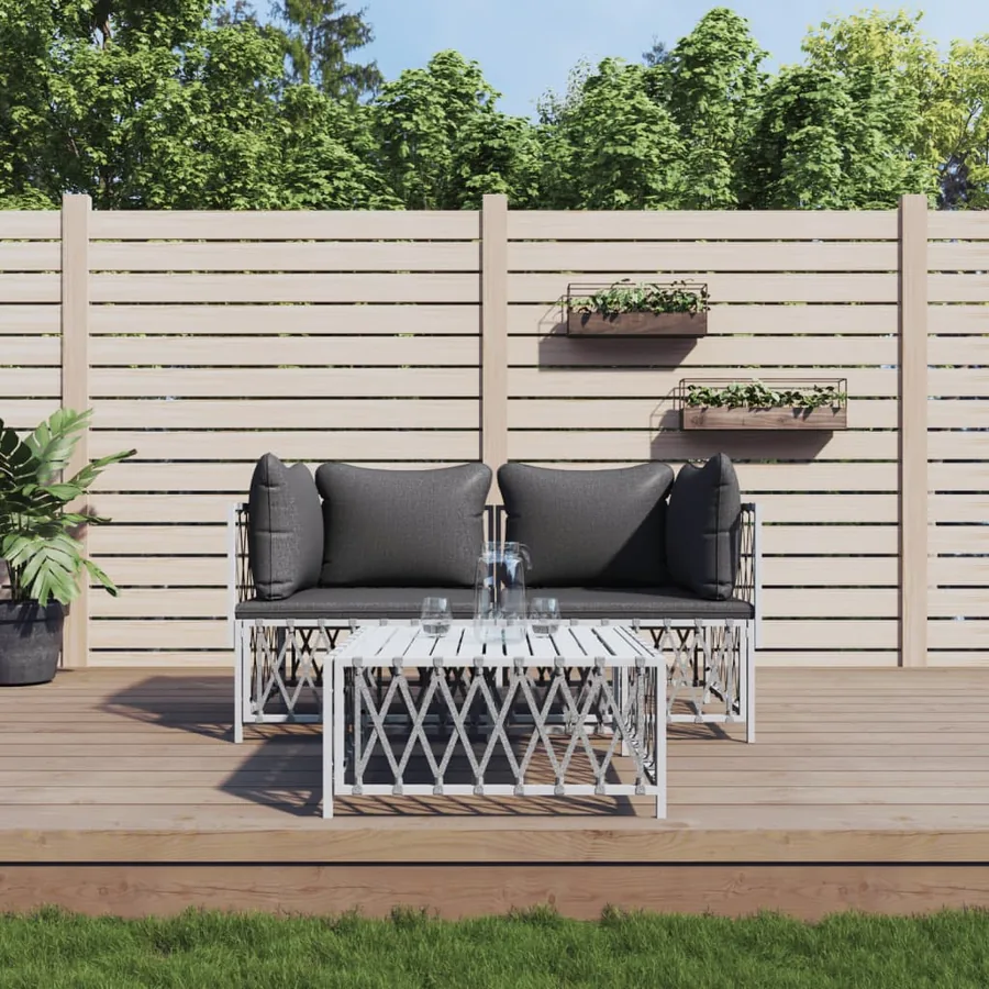 Salon de jardin avec coussins 3 pcs blanc acier
