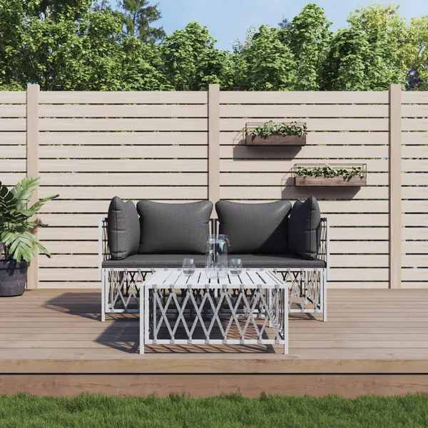 Salon de jardin avec coussins 3 pcs blanc acier