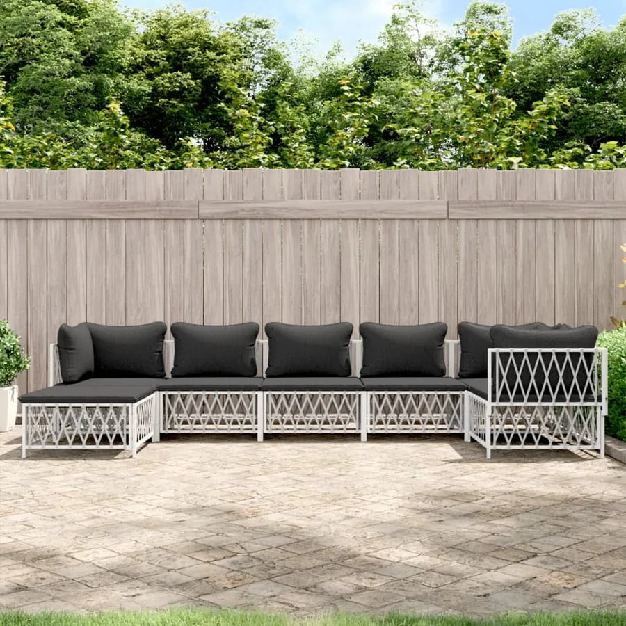 Salon de jardin 7 pcs avec coussins blanc acier