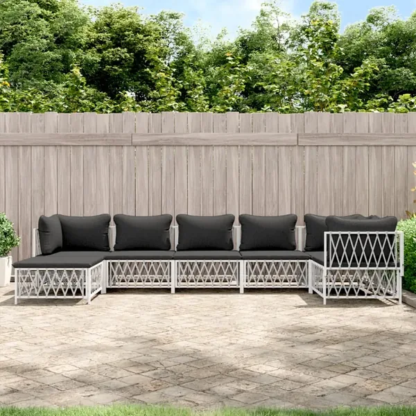 Salon de jardin 7 pcs avec coussins blanc acier