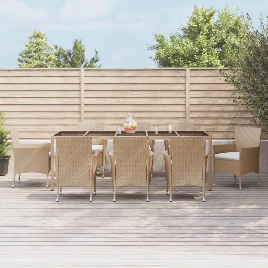 Ensemble à manger de jardin et coussins 9 pcs beige Poly rotin