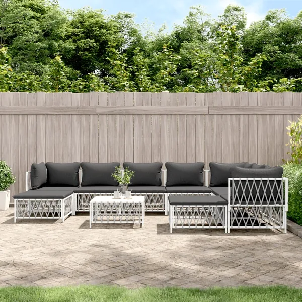 Salon de jardin avec coussins 10 pcs blanc acier