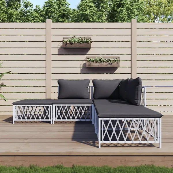 Salon de jardin avec coussins 5 pcs blanc acier