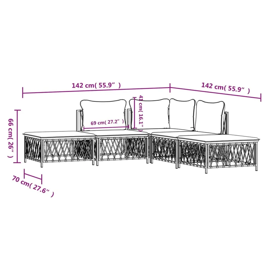 Salon de jardin avec coussins 5 pcs blanc acier - 9