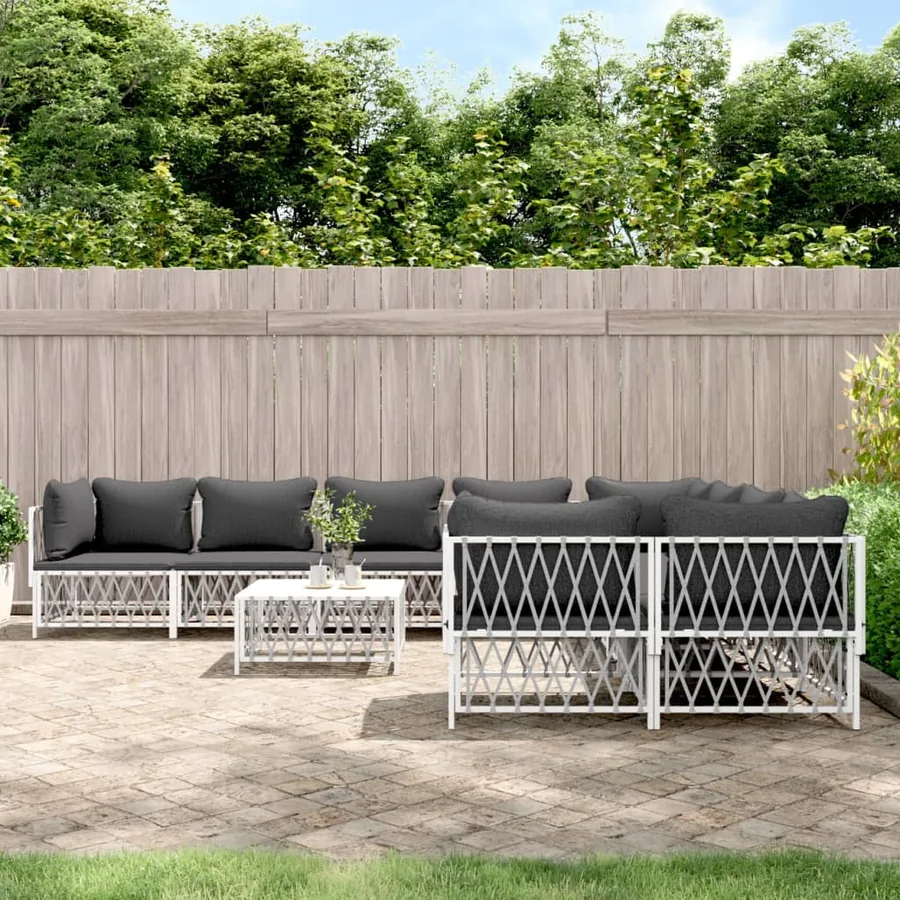 Salon de jardin avec coussins 9 pcs blanc acier