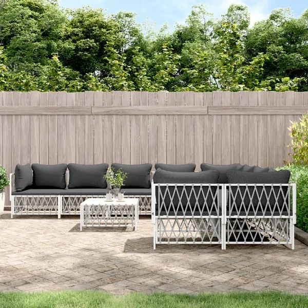 Salon de jardin avec coussins 9 pcs blanc acier