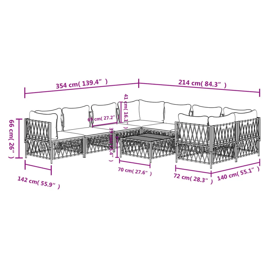 Salon de jardin avec coussins 9 pcs blanc acier - 9