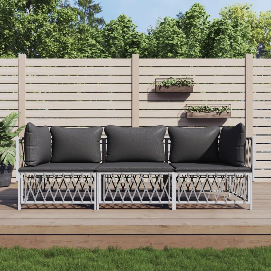 Salon de jardin avec coussins 3 pcs blanc acier