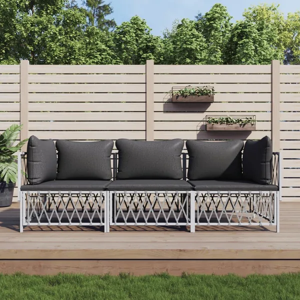 Salon de jardin avec coussins 3 pcs blanc acier