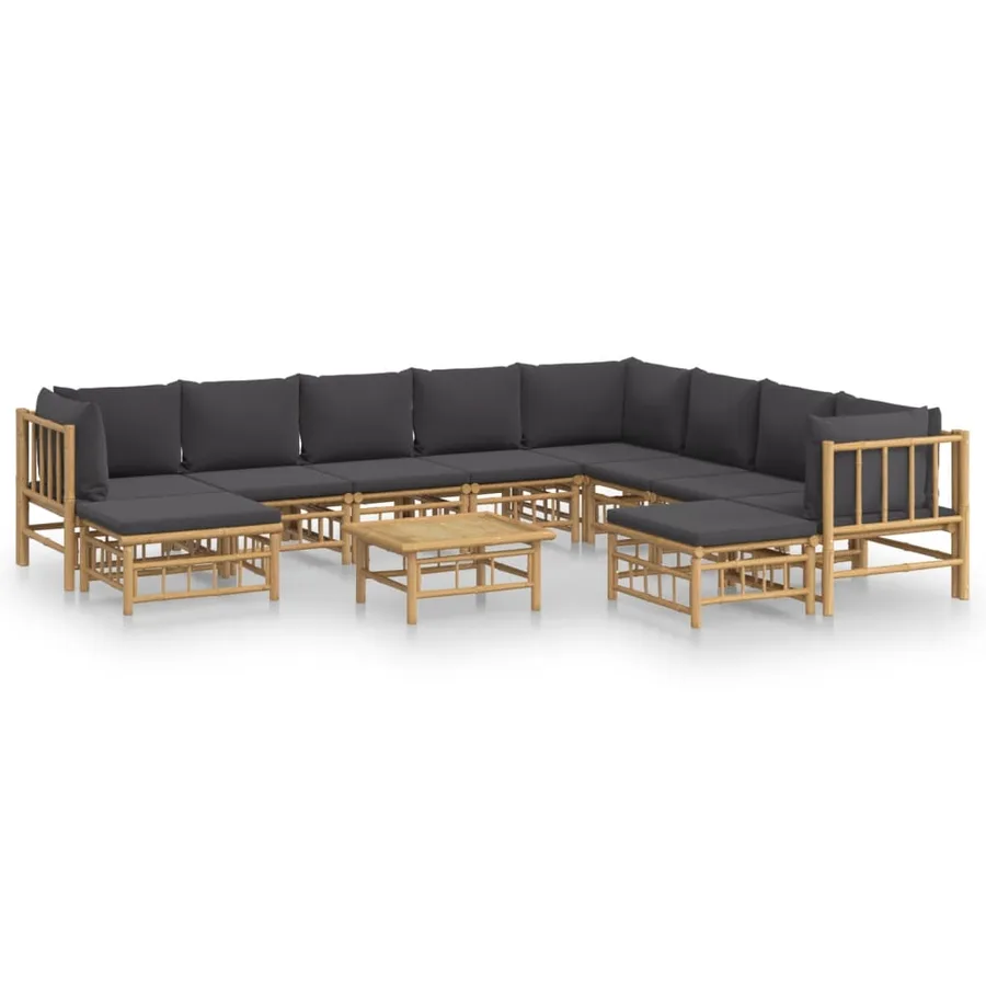Salon de jardin 11 pcs avec coussins gris foncé bambou - 2