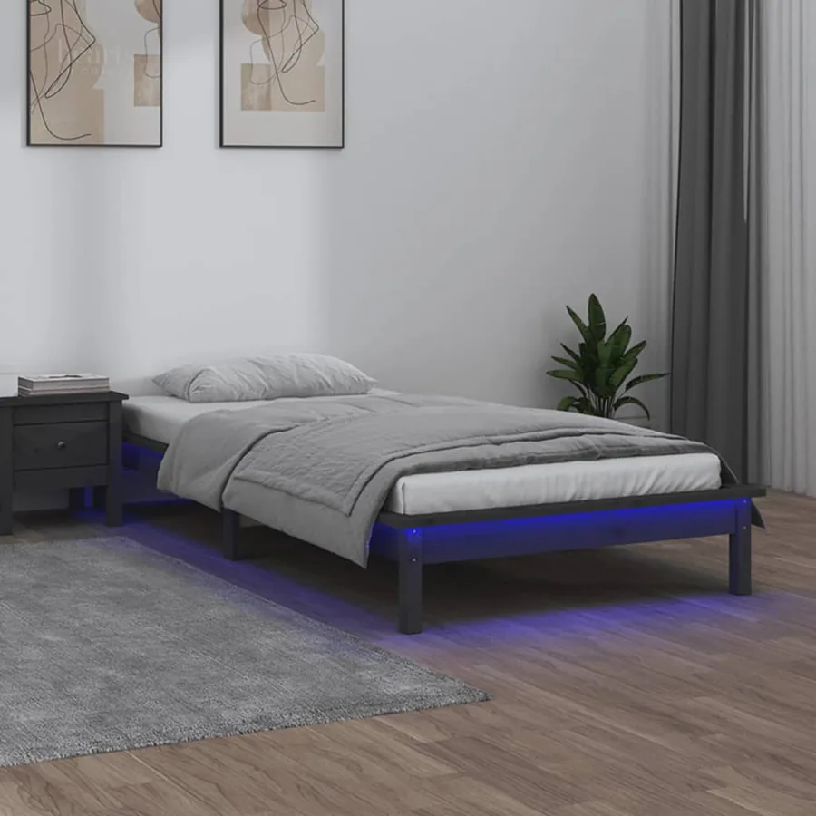 Cadre de lit à LED sans matelas gris 90x190 cm bois massif