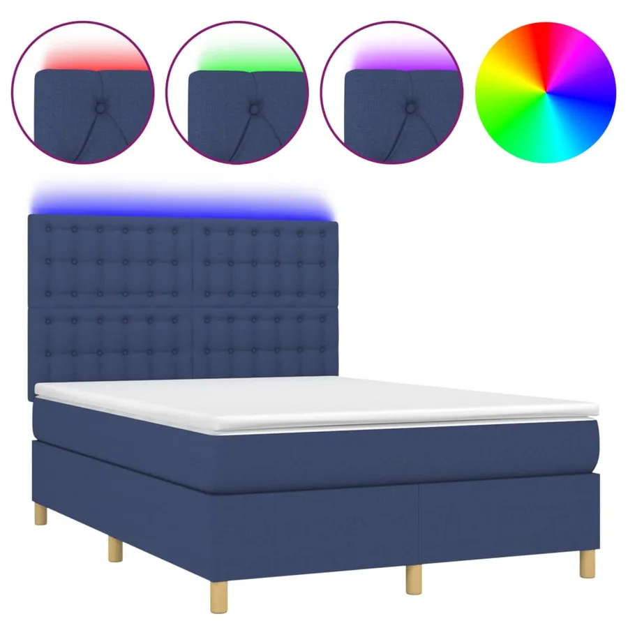 Sommier à lattes de lit et matelas et LED Bleu 140x190 cm Tissu - 2