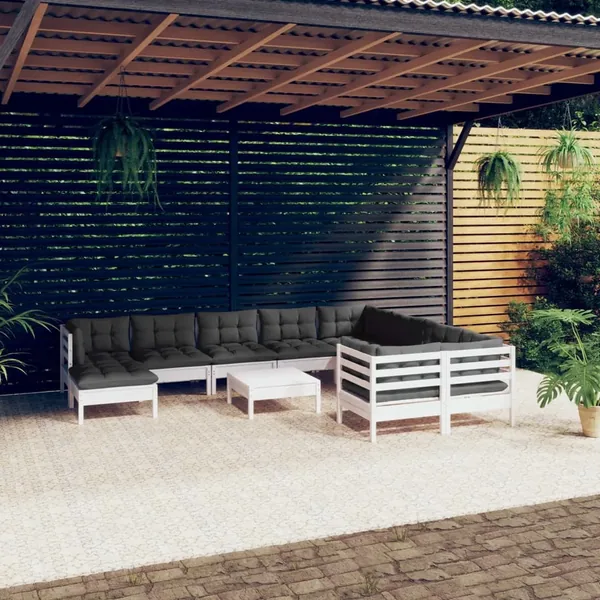 Salon de jardin 11 pcs avec coussins blanc bois de pin