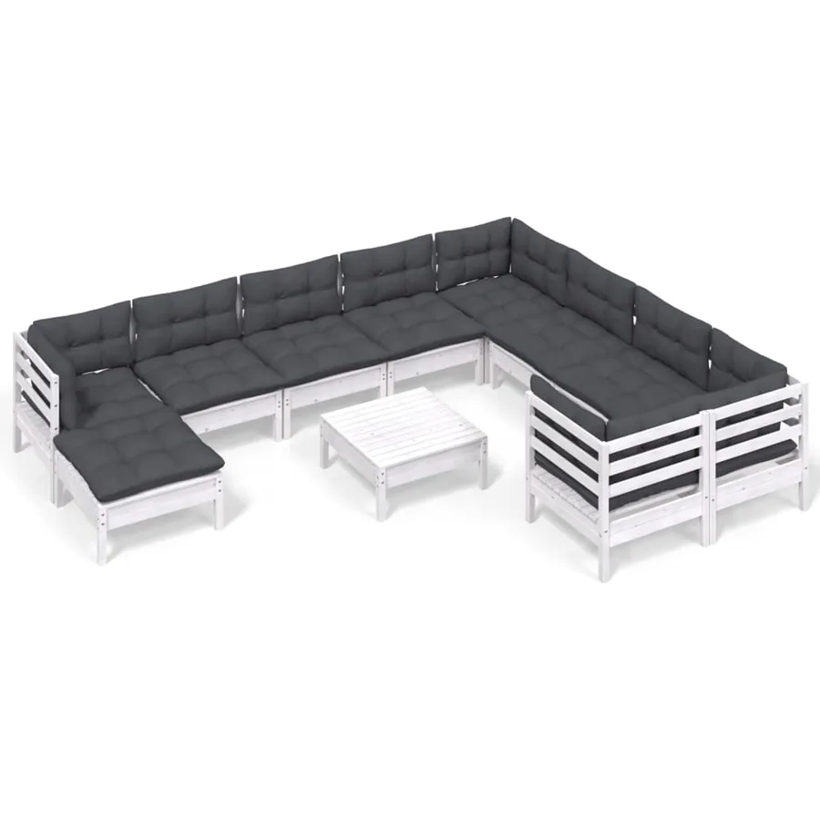 Salon de jardin 11 pcs avec coussins blanc bois de pin - 2