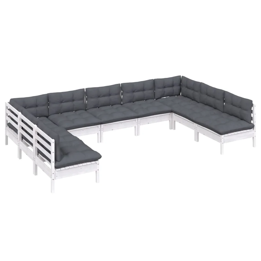 Salon de jardin 9 pcs avec coussins blanc bois de pin massif - 3
