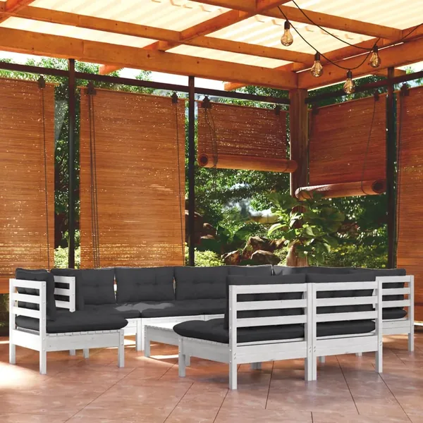 Salon de jardin 10 pcs avec coussins blanc bois de pin massif