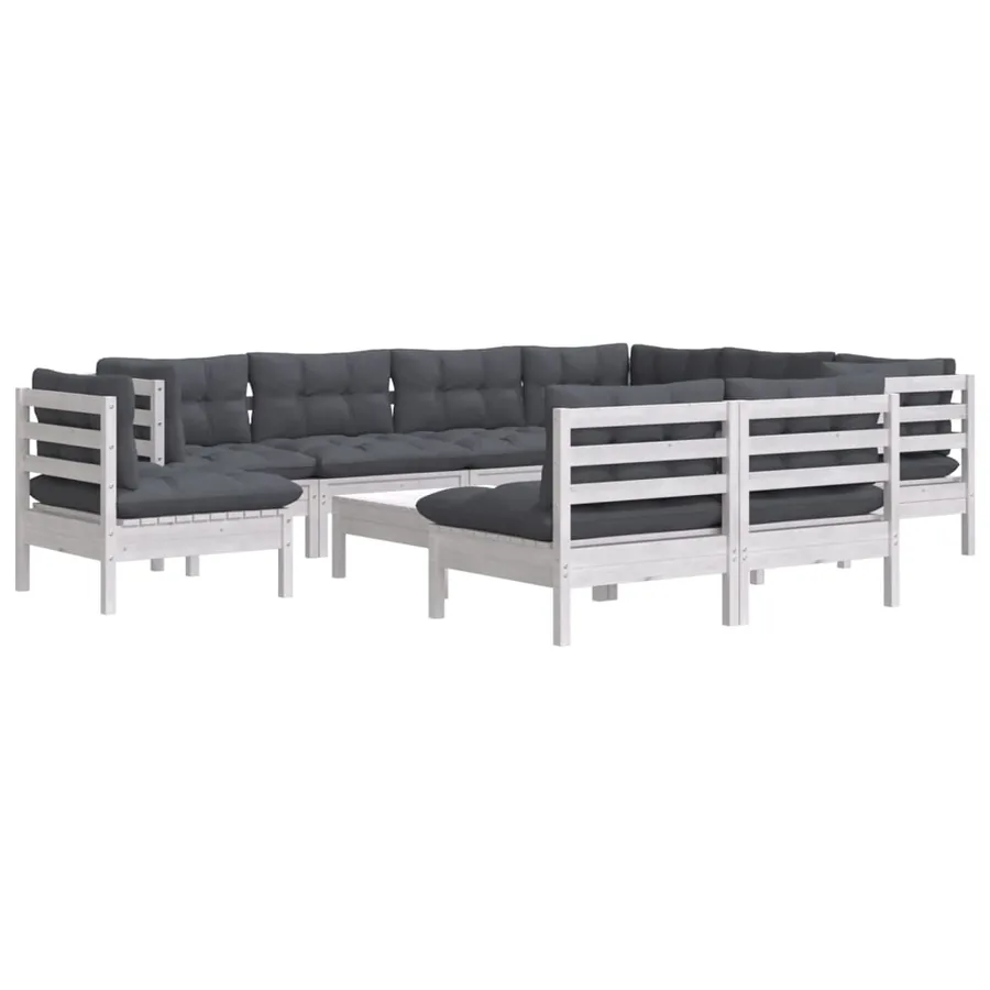 Salon de jardin 10 pcs avec coussins blanc bois de pin massif - 3